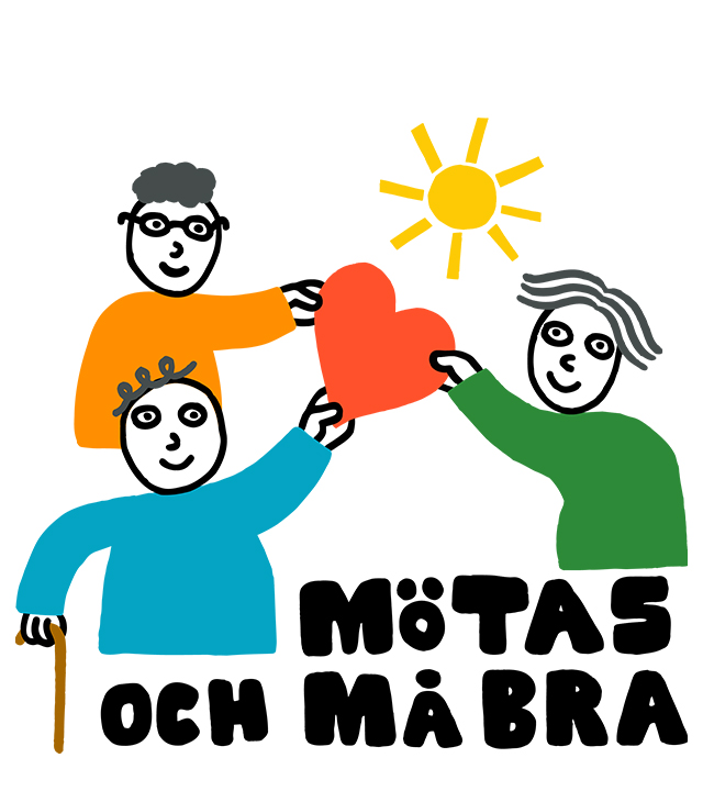 Logotyp med tre tecknade figurer som möts med texten Mötas och må bra